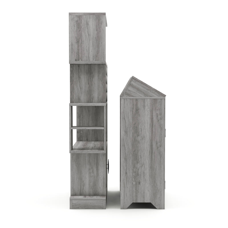 Right-facing vintage grey oak wine bar set against a white background. The wine bar is a barnhouse inspired design with a roof and the wine rack presents open shelves.