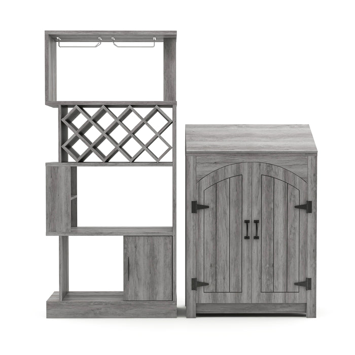 Front-facing vintage grey oak wine bar set against a white background. The wine bar is a barnhouse inspired design with a saloon-style double-door cabinet. Two stemware racks and an 11-bottle trellis wine rack add convenience to the set.