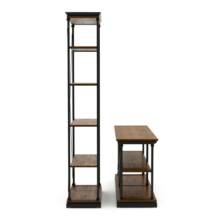 Side view of a dark oak display set against a white background. The console table and bookshelf elevate molded shelf tops within black finished steel frames. The console table has 2 lower dark oak shelves, while the display tower has 5 dark oak shelves.