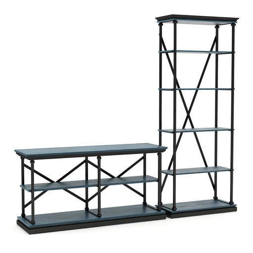 Right-angled antique blue display set against a white background. The console table and bookshelf elevate molded shelf tops within black finished steel frames. The console table has 2 lower antique blue shelves, while the display tower has 5 antique blue shelves.