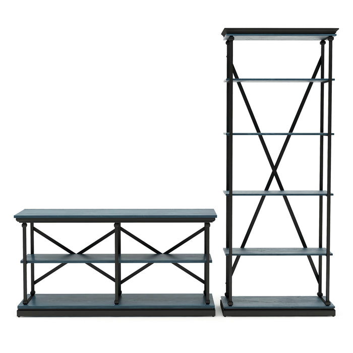 Front-facing antique blue display set against a white background. The console table and bookshelf elevate molded shelf tops within black finished steel frames. The console table has 2 lower antique blue shelves, while the display tower has 5 antique blue shelves.