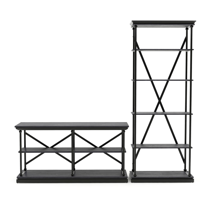 Front-facing antique grey display set against a white background. The console table and bookshelf elevate molded shelf tops within black finished steel frames. The console table has 2 lower antique grey shelves, while the display tower has 5 antique grey shelves.