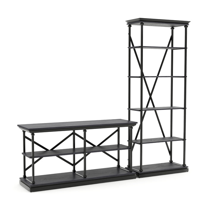 Right-angled antique grey display set against a white background. The console table and bookshelf elevate molded shelf tops within black finished steel frames. The console table has 2 lower antique grey shelves, while the display tower has 5 antique grey shelves.