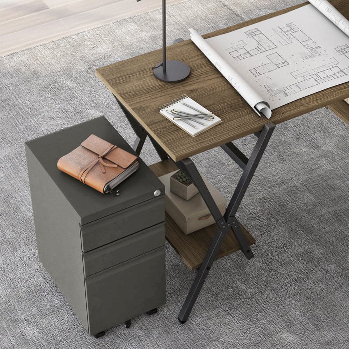 Harvey Rustic Oak Computer Desk & Gunmetal File Pedestal Office Set