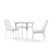 Left-angled white and chrome 3-piece round dining table set against a white background. The round tabletop with a bottom bevel sits on chrome legs while the white leatherette upholstered armless dining chairs sit on tapered chrome legs.