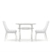 Side view of a white and chrome 3-piece round dining table set against a white background. The round tabletop with a bottom bevel sits on chrome legs while the white leatherette upholstered armless dining chairs sit on tapered chrome legs.