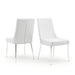 Two white leatherette upholstered armless chairs on chrome tapered legs.