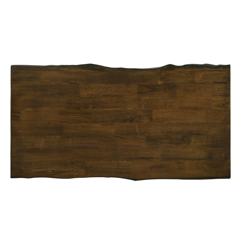 Overhead tabletop close up of a modern live edge oak and white coffee and side table set on a white backgroun