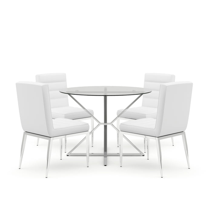 A round glass-top dining table on a chrome frame surrounded by four white leatherette upholstered chairs on chrome tapered legs. The chair backrests and seats display deep horizontal tufts.