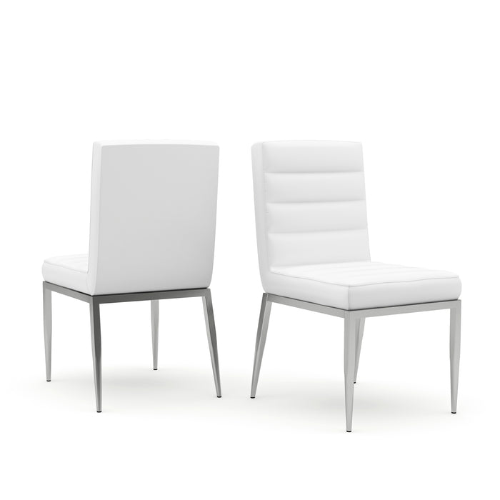 Two white leatherette upholstered chairs on chrome tapered legs. The chair backrests and seats display deep horizontal tufts, while the chair back is a neutral design.