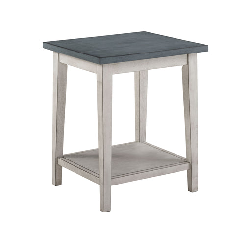Right angled mid-century modern antique blue and white side table with a lower shelf on a white background