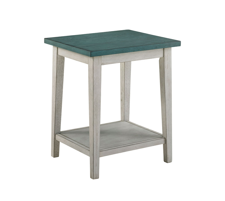 Right angled mid-century modern antique light gray and white side table with a lower shelf on a white background