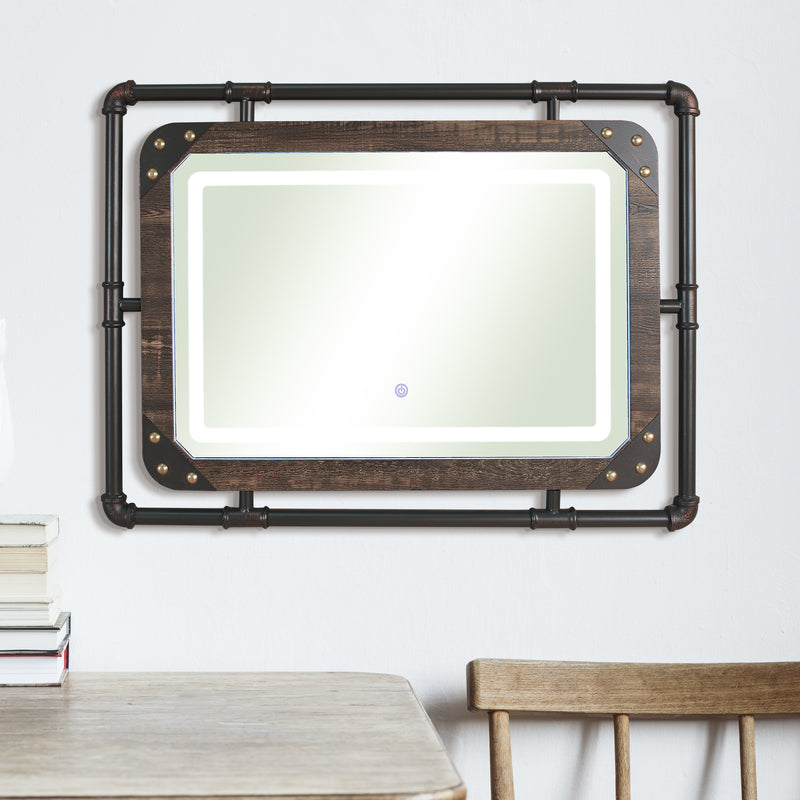 Dolen Sand Black Metal and Wood Frame Wall Mount Mirror with LED Light
