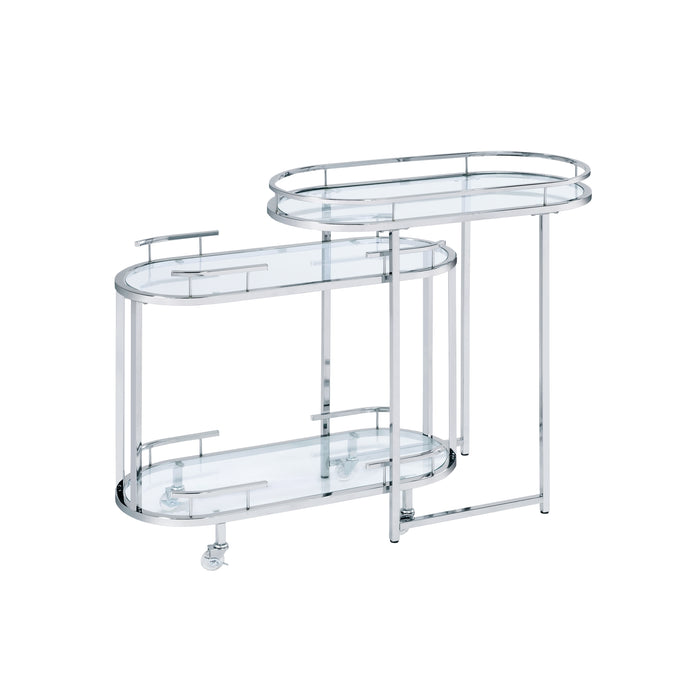 Right-angled chrome bar cart against a white background. The mobile cart is pulled halfway out from under the stationary shelf.