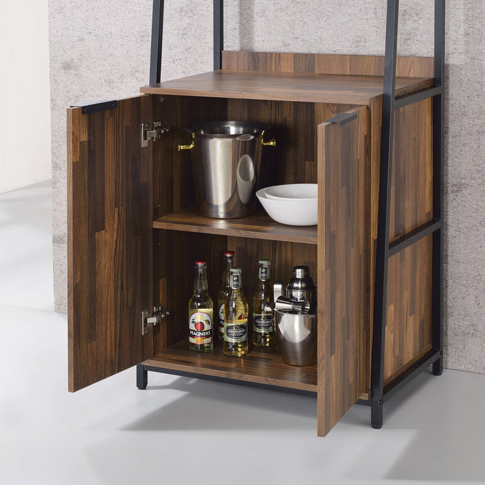 Traynor Walnut & Black Powder Coated Bar Cabinet with Stemware Racks