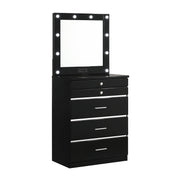 Right-angled high gloss black vanity chest with a mirror against a white background. The LED bulb mirror has built-in USB ports and power outlets. Chrome accents separate five drawers.