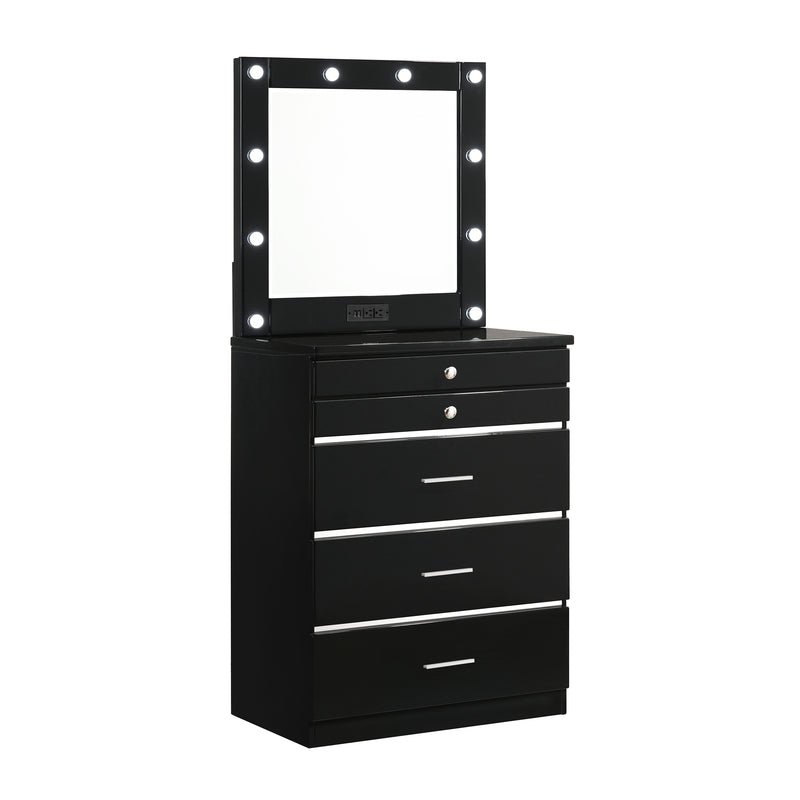 Right-angled high gloss black vanity chest with a mirror against a white background. The LED bulb mirror has built-in USB ports and power outlets. Chrome accents separate five drawers.