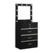 Right-angled high gloss black vanity chest with a mirror against a white background. The LED bulb mirror has built-in USB ports and power outlets. Chrome accents separate five drawers.