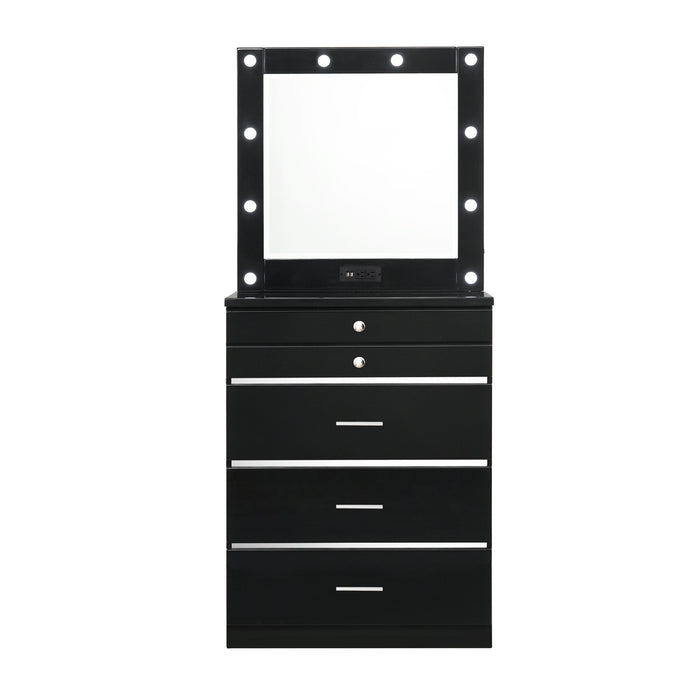 Straight-facing high gloss black vanity chest with a mirror against a white background. The LED bulb mirror has built-in USB ports and power outlets. Chrome accents separate five drawers.