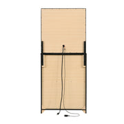 The unfinished backside of a black vanity chest against a white background. The chords of the LED bulb mirror with built-in USB ports and power outlets extend to the base of the frame.