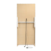 The unfinished backside of a white vanity chest against a white background. The chords of the LED bulb mirror with built-in USB ports and power outlets extend to the base of the frame.