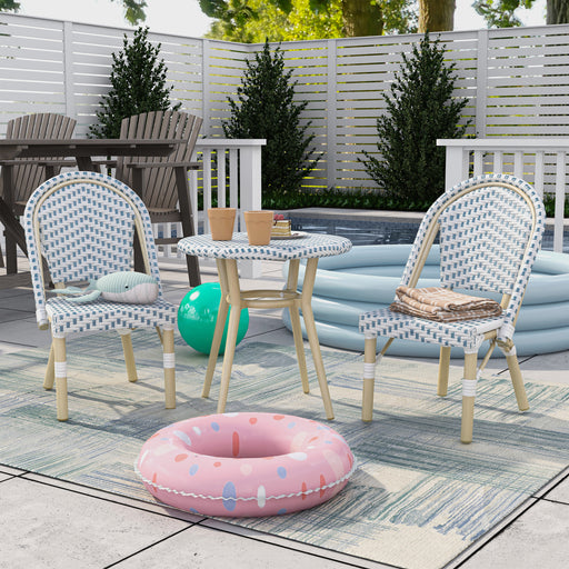 Blue 3-piece kids bistro set next to a blue kiddie pool. A kids pink inflatable donut sits on the floor in the forground.