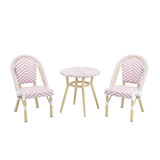Pink 3-piece kids bistro set against a white background. The wicker tabletop and chair seats contrast beautifully against the natural tone frames.