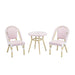 Pink 3-piece kids bistro set against a white background. The wicker tabletop and chair seats contrast beautifully against the natural tone frames.