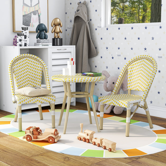 Yellow 3-piece kids bistro set in a playroom. 