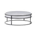 Front-facing contemporary gray and black round ottoman on a white background