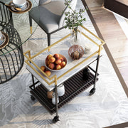 Top view of a serving cart in a modern dining room. It serves a bowl of peaches on the top shelf and spices are readied on the lower shelf.