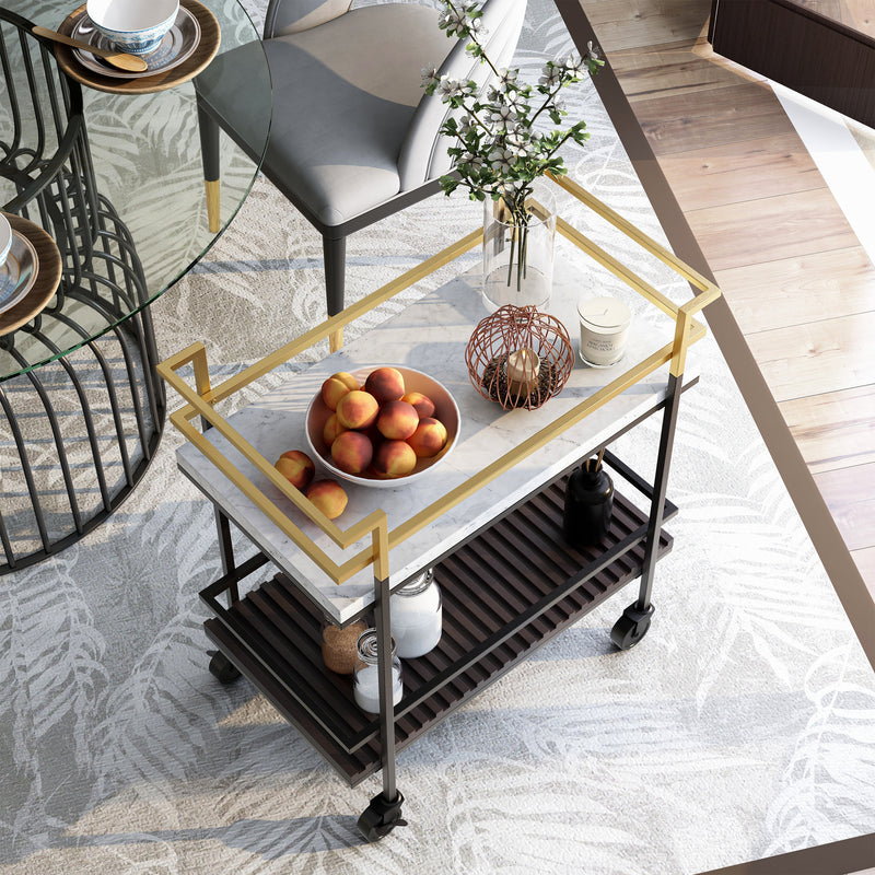 Top view of a serving cart in a modern dining room. It serves a bowl of peaches on the top shelf and spices are readied on the lower shelf.