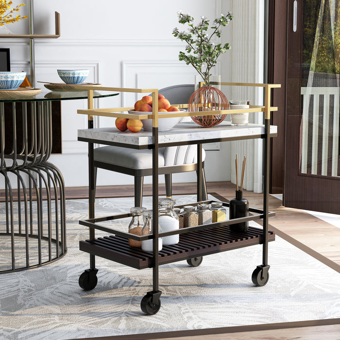 Right-angled two-tier serving cart in a modern dining room. It serves a bowl of peaches on the top shelf and spices are readied on the lower shelf.