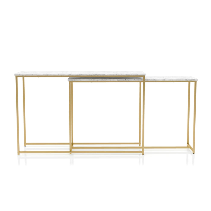 Straight-facing faux white marble nesting tables with gold-tone frames on a white background.