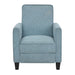 Front-facing blue upholstered armchair against a white background. A straight squared back with rounded, track arms come together in a slender silhouette with welted trim. Tapered feet complement this clean profile.