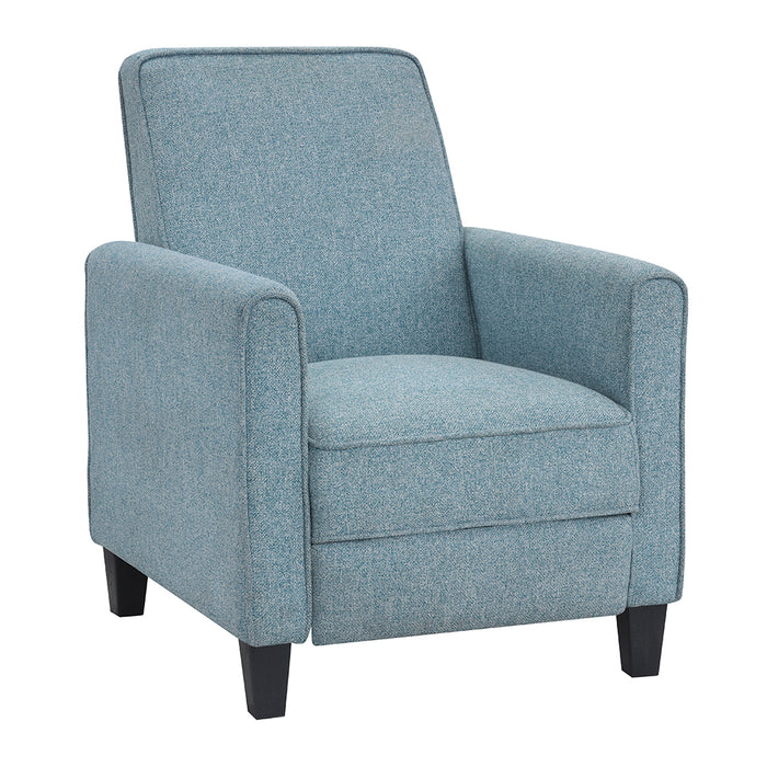 Right-angled blue upholstered armchair against a white background. A straight squared back with rounded, track arms come together in a slender silhouette with welted trim. Tapered feet complement this clean profile.