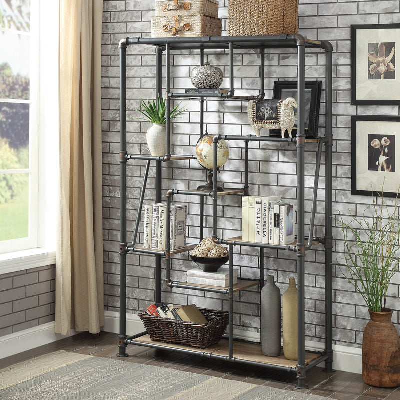 Mario Sand Black Pipe Metal & Staggered Wood Tone 7-Shelf Bookcase