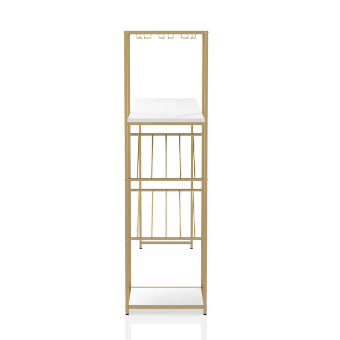 Side view of a high gloss white and gold bar table against a white background. A built-in tier accompanies the white tabletop. Two shelves sandwich three hanging stemware racks and 8-bottle wine racks.