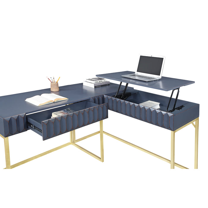 Blue and gold L-shaped office desk against a white background. The unexpected 3D facet on the left seconds as a hidden drawer pulled out on smooth metal glides. On the right a lift top reveals storage space for more supplies.