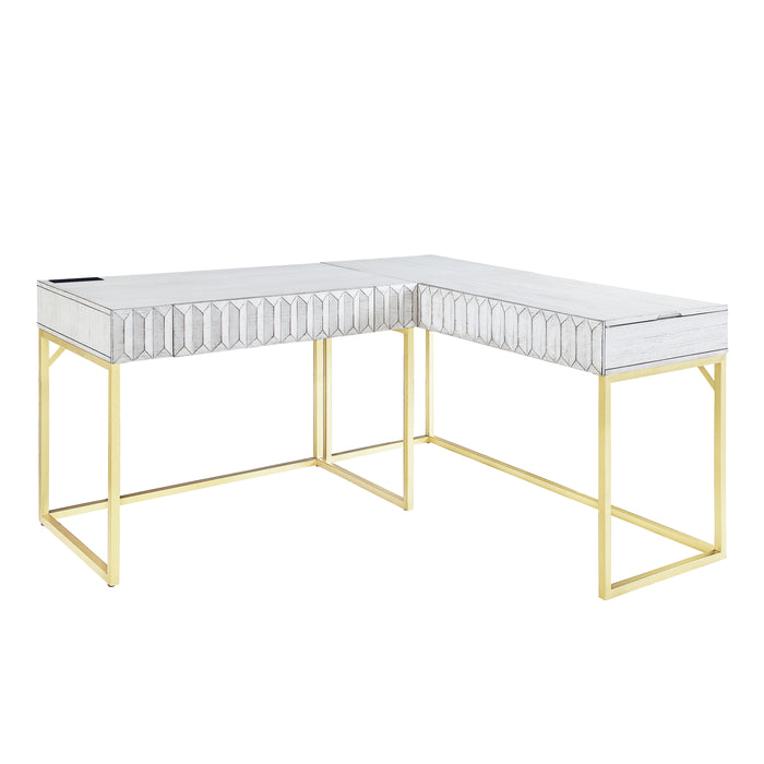 Antique white and gold L-shaped office desk against a white background. Unexpected 3D facets add a retro vibe.