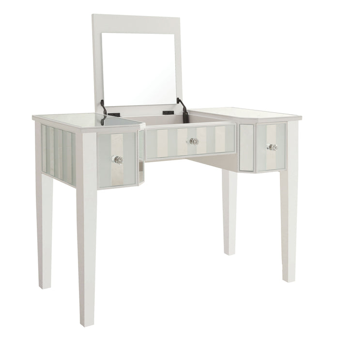 Right-angled white vanity table against a white background. This vanity table features a lift-top with an underside mirror.