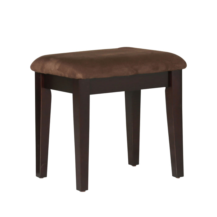 Right-angled brown stool against a white background. The microfiber upholstered seat sits on tapered legs.