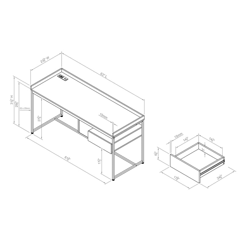 Usb Dims Harlip Industrial Matte Black & Oak 63-in Writing Desk with USB Ports ...