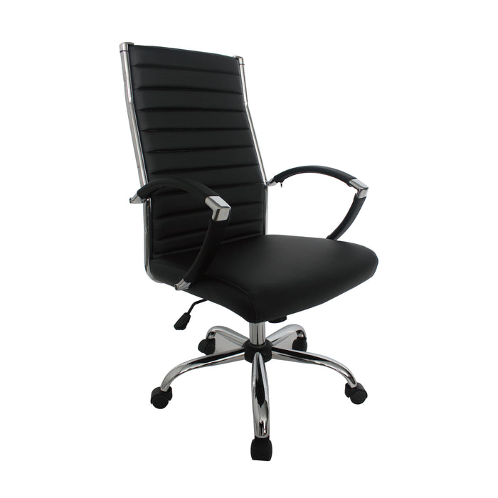 Right-angled black swivel chair against a white background. The high square back has channel tufting
