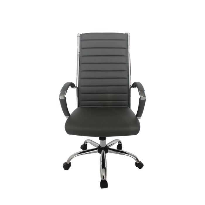 Straight-facing black swivel chair against a white background. The high square back has channel tufting.