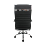 Backside of a black swivel chair against a white background. The high square back has channel tufting.