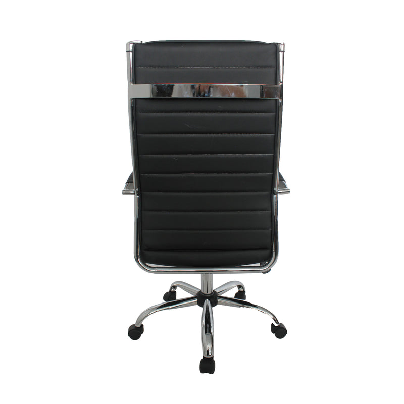 Backside of a black swivel chair against a white background. The high square back has channel tufting.