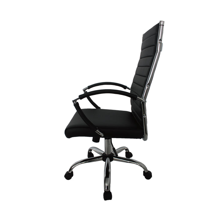 Left-angled black swivel chair against a white background. The high square back has channel tufting.