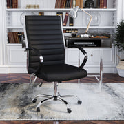 Right-angled black swivel chair in a chic home office. The high square back has channel tufting.