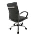 Right-angled backside of a black swivel chair against a white background. The standard height square back has channel tufting. A chrome bar adorns the back.